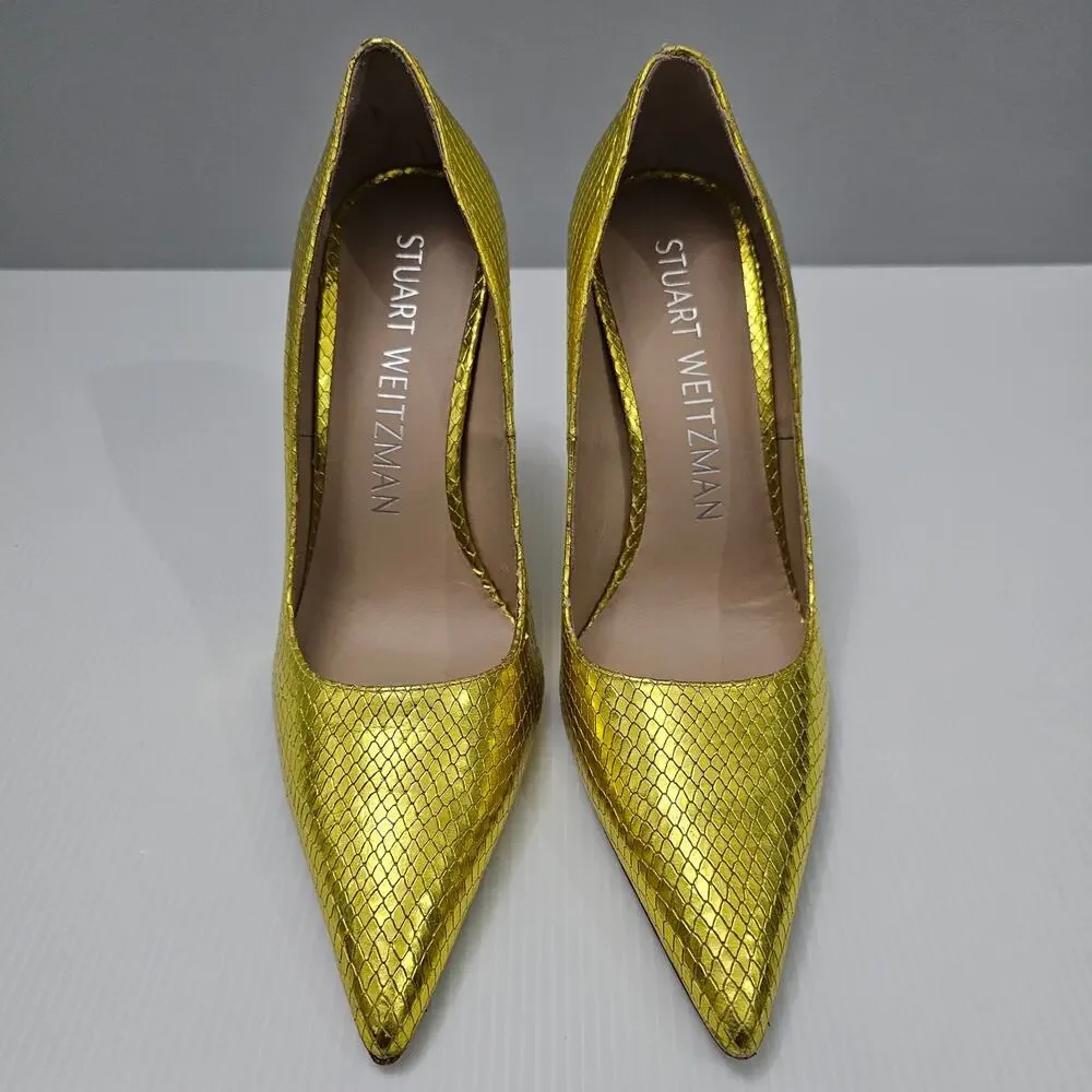 Stuart Weitzman Metallic Yellow Snakeskin Pointed-Toe Pumps - Picture 4 of 16